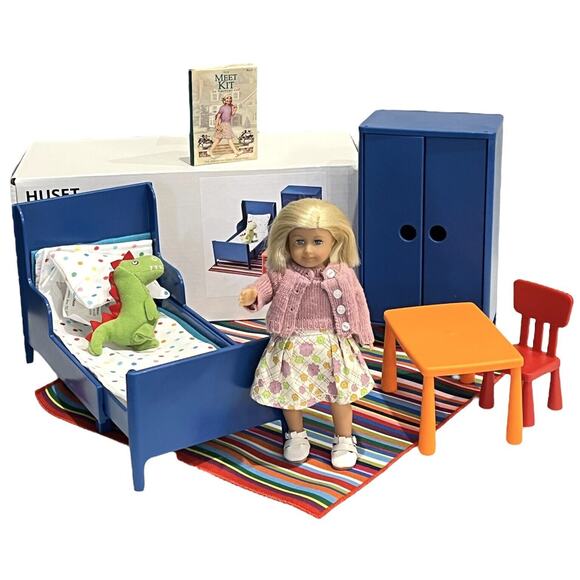 American Girl Mini Kit Doll & Ikea Bedroom Set Rug Bed Table Wardrobe Chair Box - Picture 9 of 9